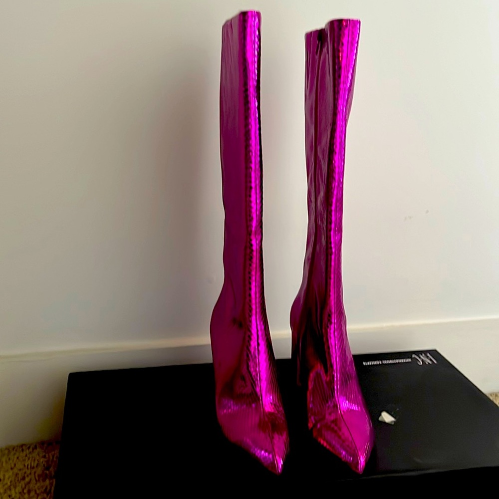 Berry Metallic Snakeskin INC Knee High Boots.